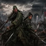 關羽與關平敗走麥城，突圍失敗後遭東吳軍包圍擒獲，父子忠義殉節的經典場景。