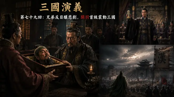 孫權將關羽首級送往魏國，曹操以隆重禮儀厚葬，曹丕繼承魏王之位，魏國兄弟之間暗流湧動的歷史場景。