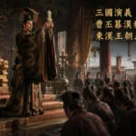 曹丕接受漢獻帝禪讓登基稱帝，東漢王朝正式滅亡，文武百官朝賀魏國建立的歷史場景。