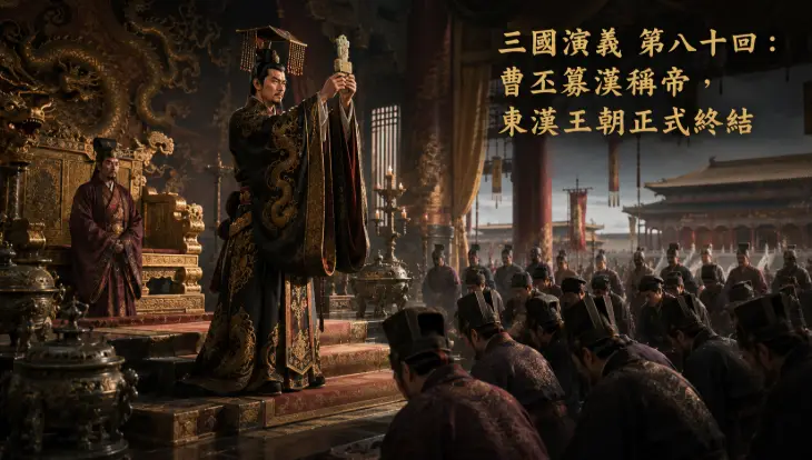 曹丕接受漢獻帝禪讓登基稱帝，東漢王朝正式滅亡，文武百官朝賀魏國建立的歷史場景。