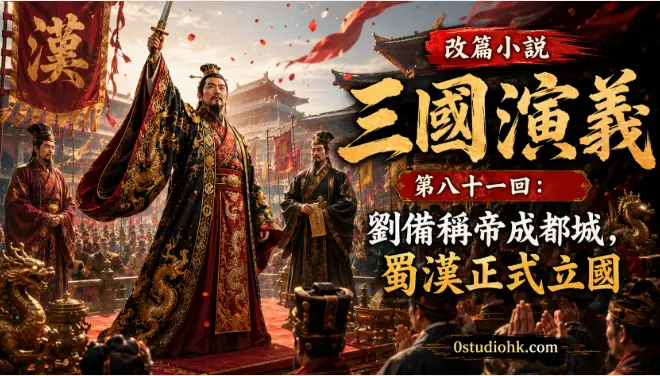 劉備於成都登基稱帝，文武百官朝賀，正式建立蜀漢政權的歷史場景。