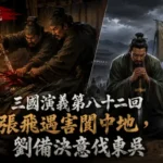 張飛於閬中遭范疆與張達暗殺，劉備聞訊悲痛萬分，決意率軍東征東吳的歷史場景。