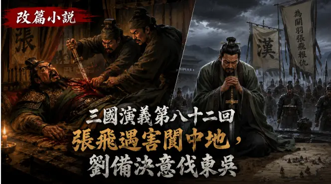 張飛於閬中遭范疆與張達暗殺，劉備聞訊悲痛萬分，決意率軍東征東吳的歷史場景。