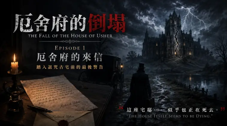 暴風雨來臨前的荒原上，一名旅人遠望被閃電照亮的厄舍府古宅
