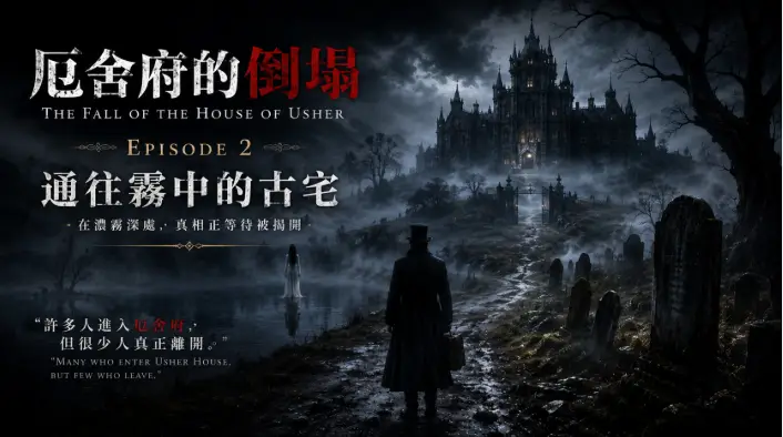 濃霧籠罩的荒原道路上，旅人遠望黑色湖泊與山丘上的厄舍府古宅