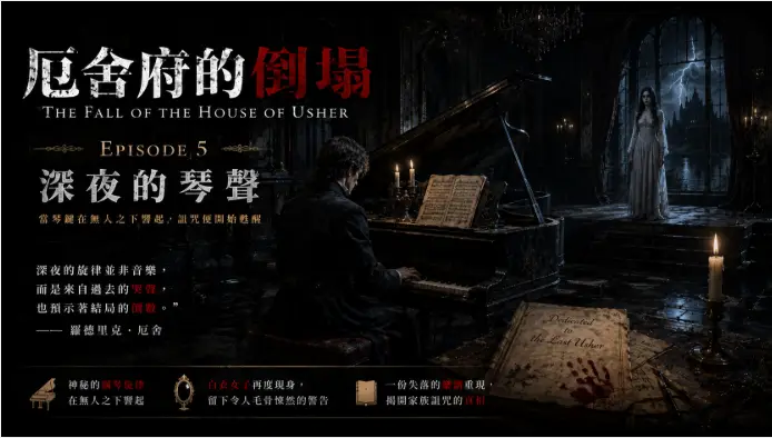 深夜的音樂廳裡，一架黑色鋼琴自行演奏，白衣女子靜靜站在舞台盡頭