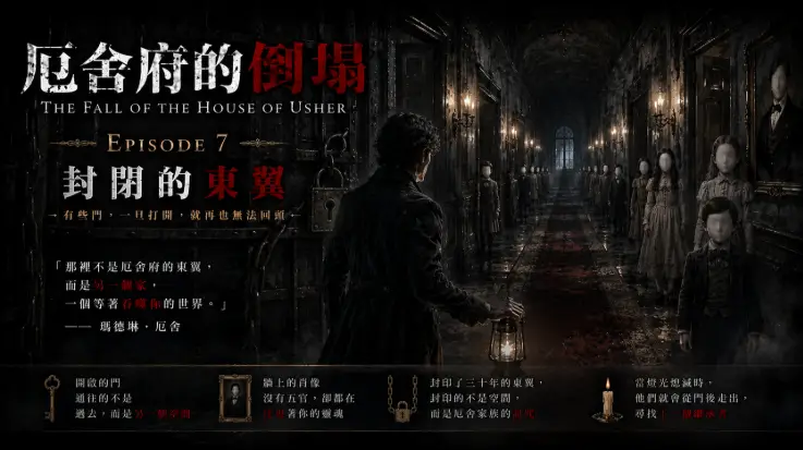 生鏽鐵門緩緩開啟，封閉多年的東翼長廊燈火通明，無臉肖像靜靜凝視著來訪者。