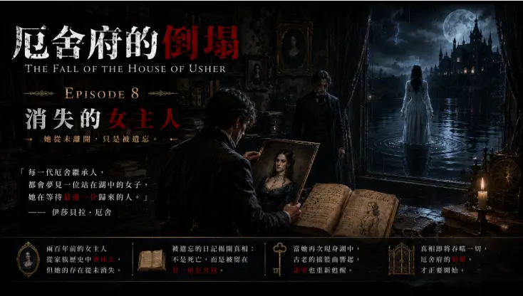 地下文獻室內，一幅古老女子肖像重現，窗外黑色湖泊中的白衣女子再次現身。