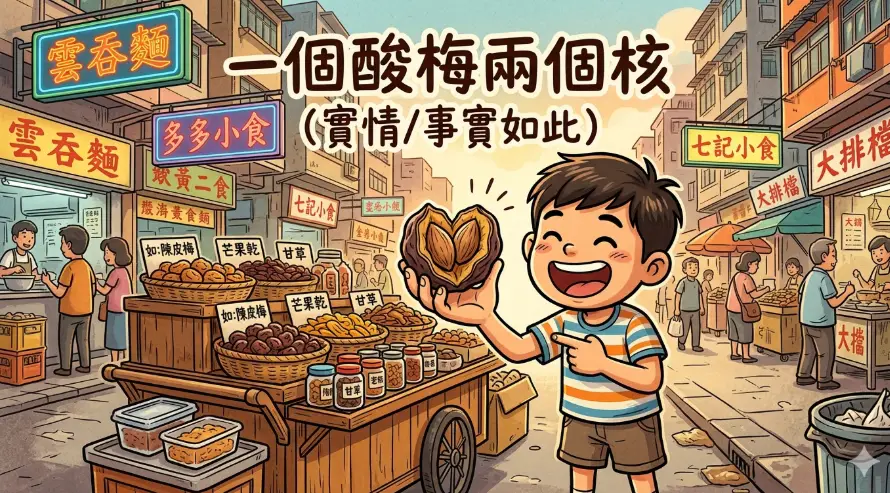 卡通風格酸梅打開後出現兩個果核，象徵一件事情帶來雙重收穫與雙重目的的廣東話歇後語。