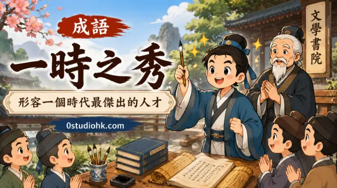 古代書院中，一位年輕學子受到師長與同儕讚賞，象徵一時之秀的卓越才能。