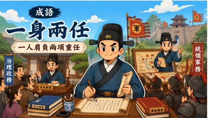 古代官員同時處理兩地政務，展現一身兩任的責任與能力。