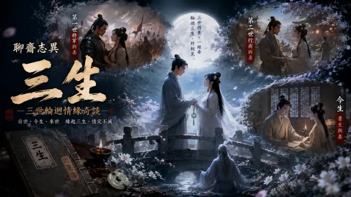 書生於夢境石橋前重遇前世戀人，白花遍野映照三生情緣輪迴之景