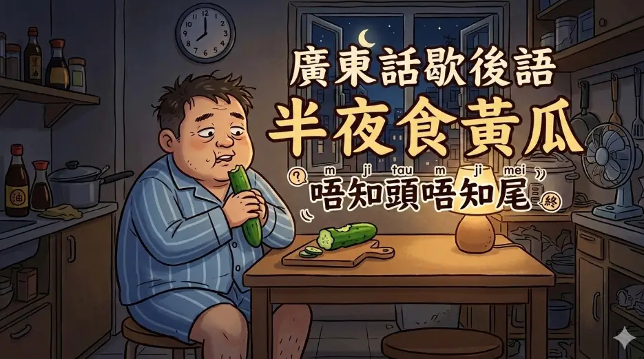 卡通風格插圖，一名男子在深夜昏暗環境中吃黃瓜，表情疑惑，象徵對事情前因後果不了解。