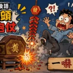 卡通風格插圖，一副棺材旁突然燃放炮仗，旁邊的人被嚇得跳起來，表情驚訝。