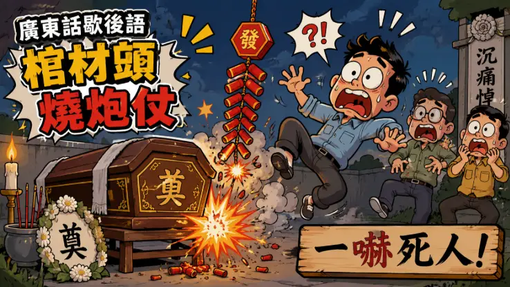 卡通風格插圖，一副棺材旁突然燃放炮仗，旁邊的人被嚇得跳起來，表情驚訝。