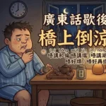 卡通風格插圖，一名男子站在石橋上把涼茶倒進河裡，神情無奈，象徵自找麻煩和徒勞無功。
