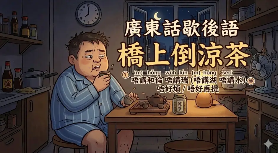 卡通風格插圖，一名男子站在石橋上把涼茶倒進河裡，神情無奈，象徵自找麻煩和徒勞無功。