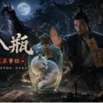 白狐妖被道士收入符文古瓶之中，月夜山林瀰漫神秘靈異氣息