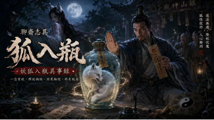 白狐妖被道士收入符文古瓶之中，月夜山林瀰漫神秘靈異氣息