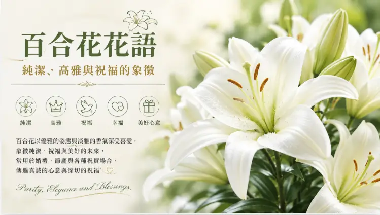 盛開的白色百合花在柔和自然光下綻放，展現純潔、高雅與祝福的象徵意義。