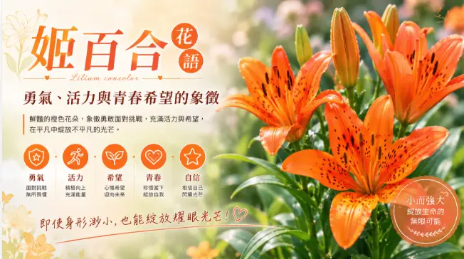 盛開的橙色姬百合在綠葉間綻放，象徵勇氣、青春、希望與旺盛生命力。