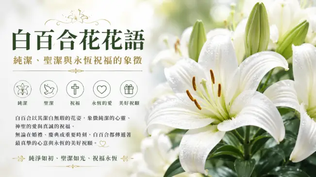 盛開的白百合在柔和陽光下綻放潔白花瓣，象徵純潔、聖潔與永恆祝福。