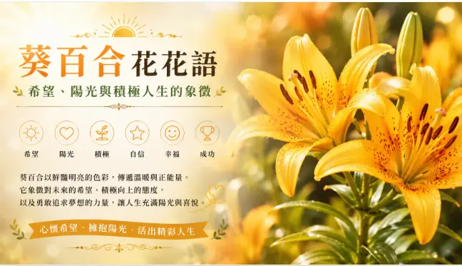 一朵色彩明亮的葵百合在陽光下盛開，象徵希望、幸福與積極人生。