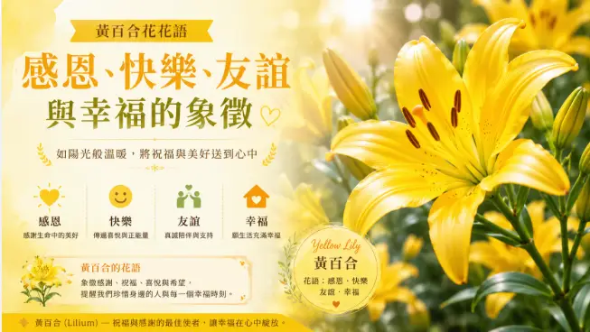 一朵盛開的黃百合綻放於綠葉之間，象徵感恩、快樂、友誼與幸福。
