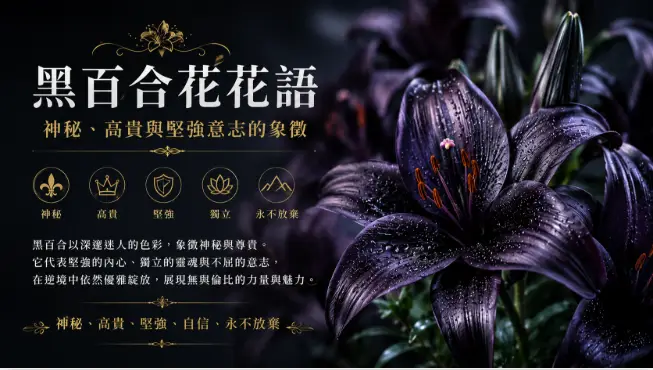 一朵深紫近黑色的黑百合盛開於自然光下，展現神秘、高貴與堅強意志的象徵。