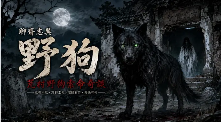 荒廢古寺前出現神秘黑色野狗，月夜中守護亡魂的靈異場景