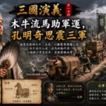 諸葛亮巡視木牛流馬運糧隊，蜀軍利用新式運輸工具穿越山道，提升北伐補給效率。