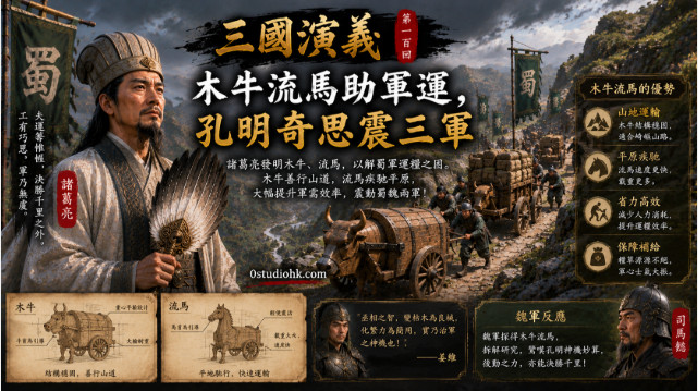 諸葛亮巡視木牛流馬運糧隊，蜀軍利用新式運輸工具穿越山道，提升北伐補給效率。