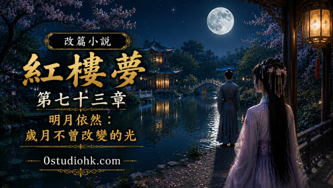 古典庭院月夜下的人物與湖面明月倒影，象徵歲月未曾改變的真心與光芒。