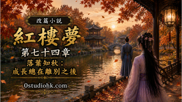 秋日庭院中飄落的樹葉與人物身影，象徵離別之後的人生成長。
