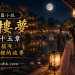 夜晚古典庭院中搖曳的燈籠與人物身影，象徵留存在心中的故事與回憶。