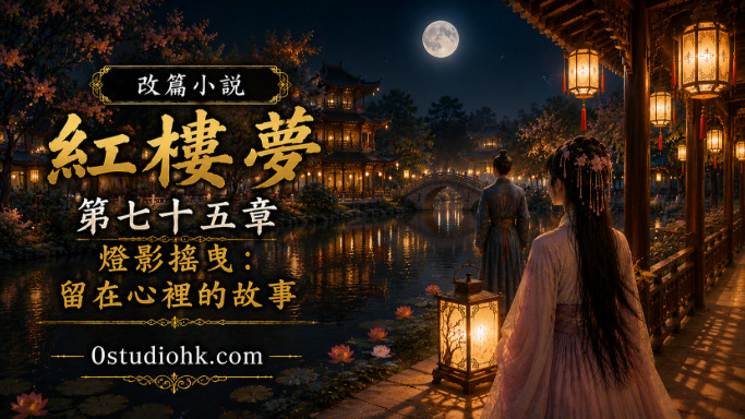 夜晚古典庭院中搖曳的燈籠與人物身影，象徵留存在心中的故事與回憶。