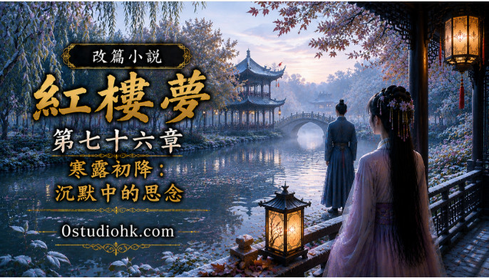 秋日晨霧庭院中的露珠與人物身影，象徵沉默中深藏的思念。