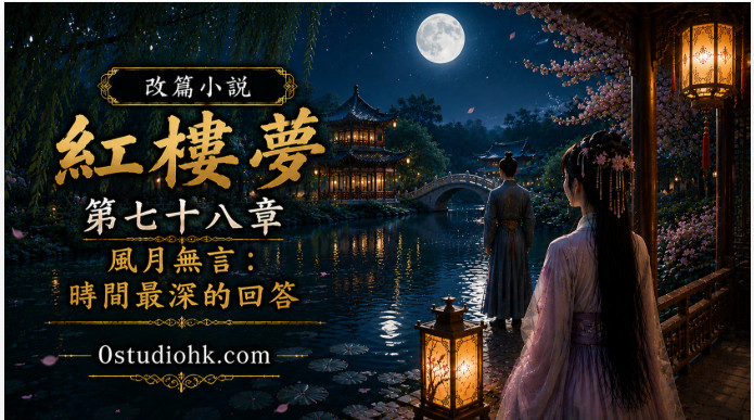 月夜庭院中的人物與湖面明月倒影，象徵時間帶來最深刻的人生答案。