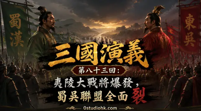 劉備率領蜀漢大軍東征東吳，孫權任命陸遜統軍迎戰，蜀吳聯盟正式決裂，夷陵大戰一觸即發的歷史場景。