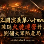 陸遜利用夏季強風施展火攻，火燒蜀軍連營，劉備率軍突圍撤退的經典歷史場景。