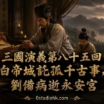 劉備病重於白帝城永安宮，臨終將劉禪託付給諸葛亮，完成千古流傳的白帝城託孤場景。