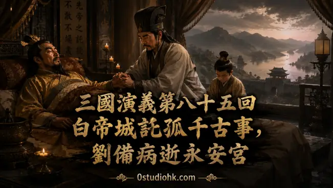 劉備病重於白帝城永安宮，臨終將劉禪託付給諸葛亮，完成千古流傳的白帝城託孤場景。