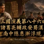 諸葛亮輔佐劉禪治理蜀漢，整頓朝政，同時關注南中叛亂局勢的歷史場景。