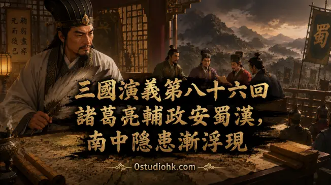諸葛亮輔佐劉禪治理蜀漢，整頓朝政，同時關注南中叛亂局勢的歷史場景。