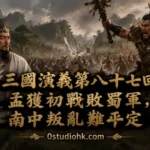 諸葛亮率領蜀漢大軍南征，孟獲率領南中部族迎戰，雙方首次在山林間激烈交鋒的歷史場景。