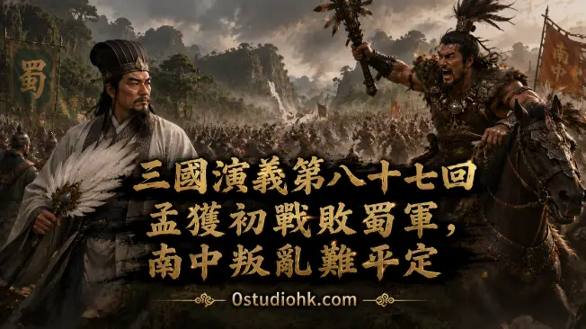 諸葛亮率領蜀漢大軍南征，孟獲率領南中部族迎戰，雙方首次在山林間激烈交鋒的歷史場景。