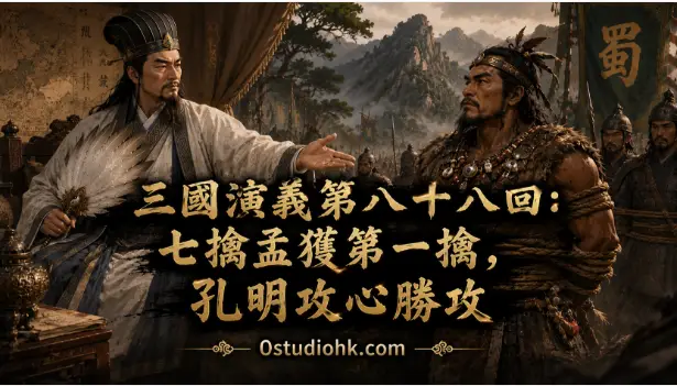 諸葛亮首次生擒孟獲，卻不殺不囚，反而釋放其返回南中，以仁義收服人心的經典歷史場景。