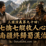 孟獲第七次被諸葛亮擒獲後心悅誠服，率領南中各部族歸附蜀漢，完成南征平亂的重要歷史場景。