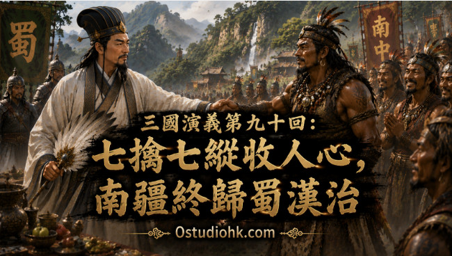 孟獲第七次被諸葛亮擒獲後心悅誠服，率領南中各部族歸附蜀漢，完成南征平亂的重要歷史場景。