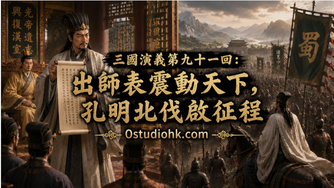 諸葛亮於成都朝堂呈上《出師表》，率領蜀漢大軍正式展開北伐中原的重要歷史場景。